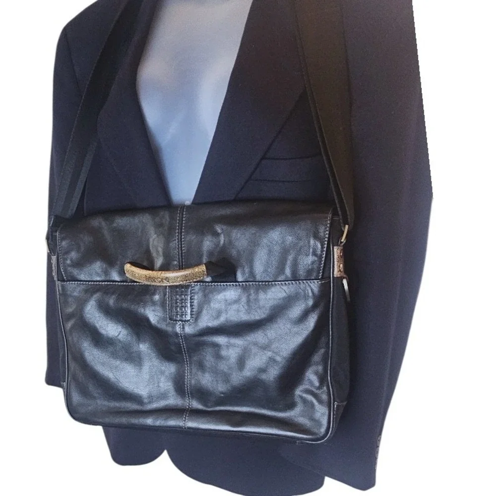 Boconi Black Leather Messenger Bag Briefcase Crossbody Laptop‎ Satchel Work Bag